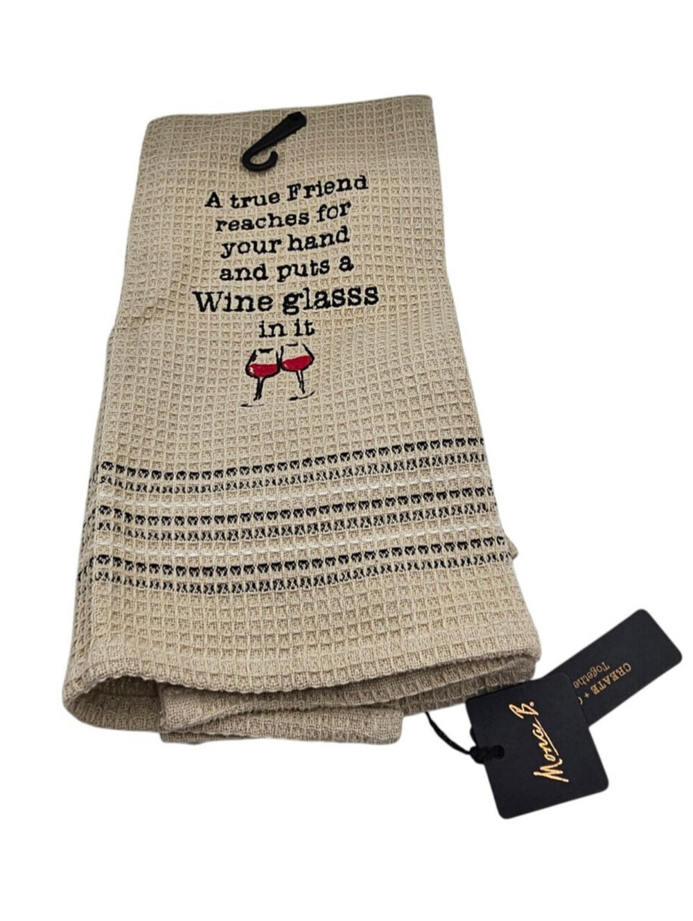 Mona B. "True Friend" waffle-weave dishtowel Beige Embroidered NEW